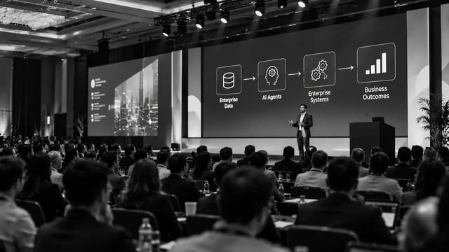 Enterprise AI agents connecting enterprise data to enterprise systems and business outcomes, presented to a leadership audience