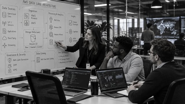 AWS data lake architecture diagram with engineers reviewing data ingestion, Amazon S3 storage, processing, analytics, governance, and cost optimization.