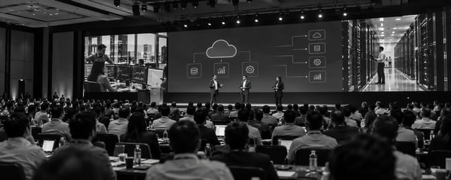 Black-and-white photograph of a large technology conference with hundreds of attendees watching three presenters on stage, with cloud architecture, data analytics, and server infrastructure displayed on large screens.