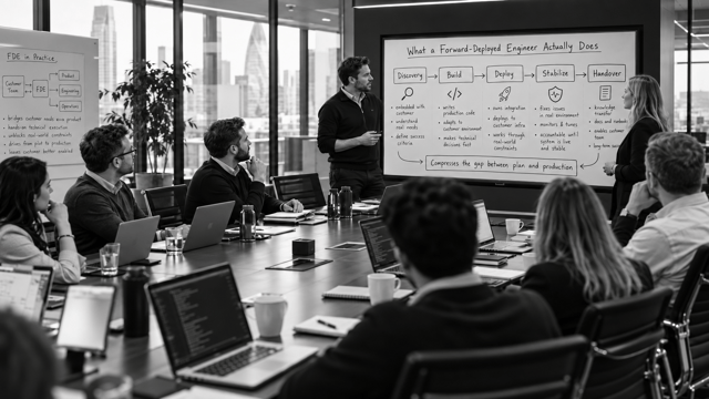 UK business team in a large conference room discussing a technical architecture presentation.