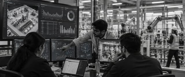 Manufacturing engineers using AI-powered analytics to monitor factory operations, production data, and robotic systems
