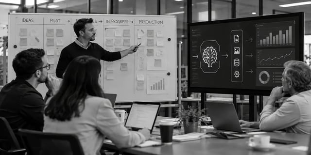 Black-and-white image of enterprise professionals collaborating in a meeting, reviewing an AI workflow dashboard