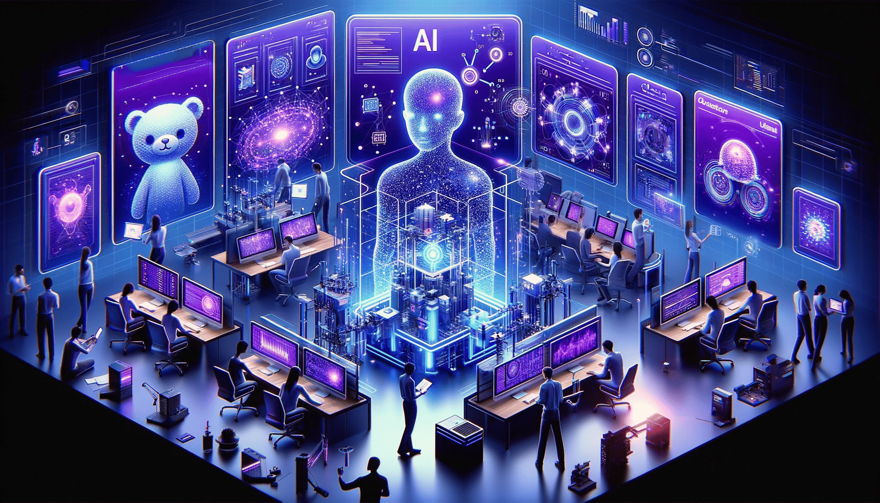 a modern, high-tech environment in shades of purple and blue, representing the expertise of Mactores in AI. Visualize teams 