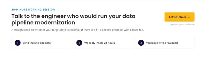 Book a 30-minute working session with Mactores for data pipeline modernization on AWS
