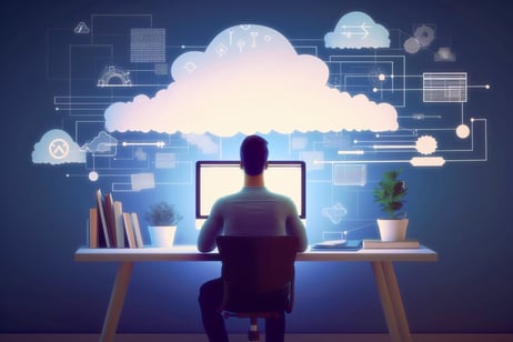 man-working-his-home-office-cloud-symbols-floating-overhead-symbolizing-cloud-computing-generative-ai-illustration
