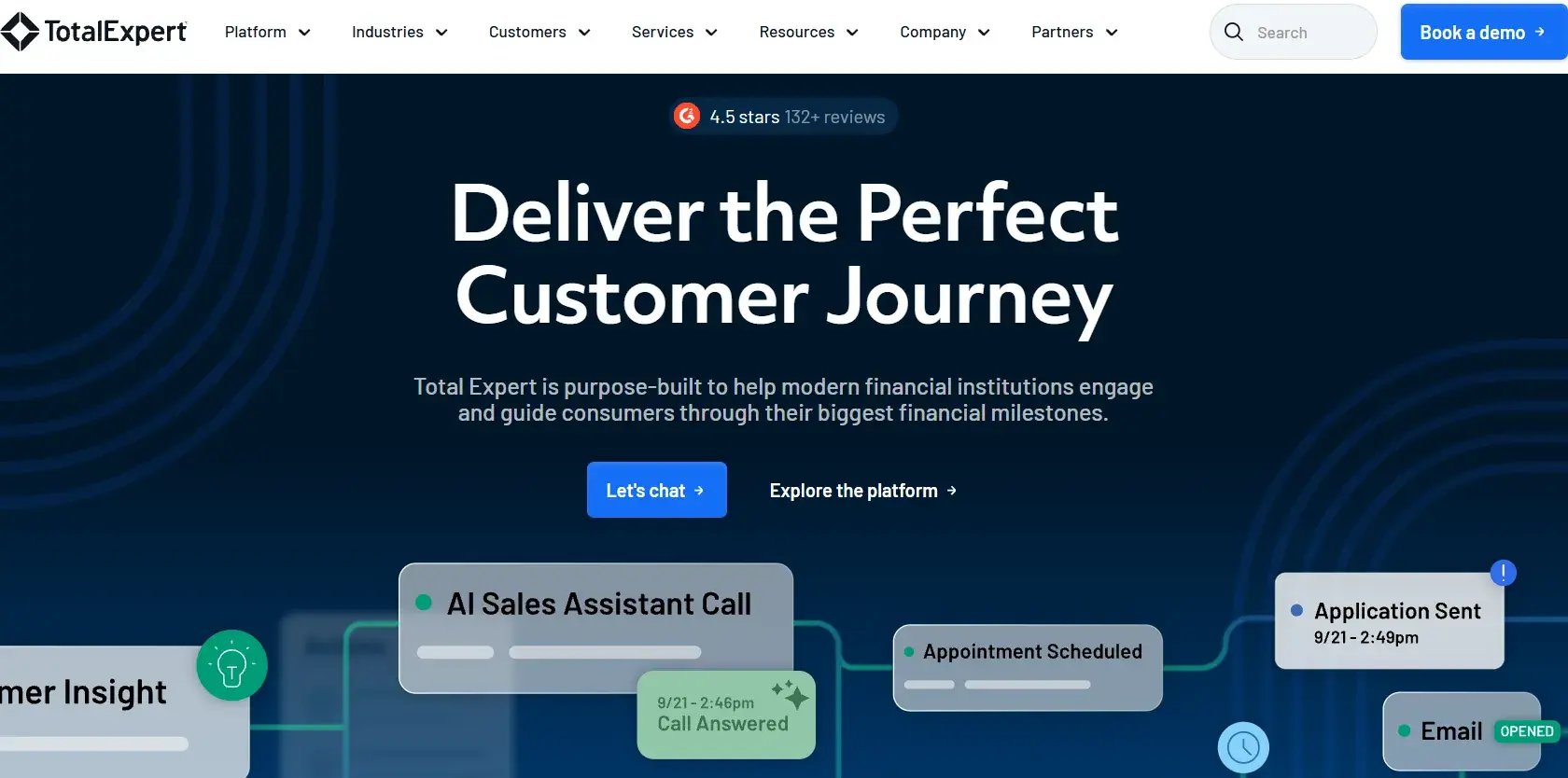 Total Expert homepage: the headline Deliver the Perfect Customer Journey above cards for an AI Sales Assistant call, a scheduled appointment and a sent application