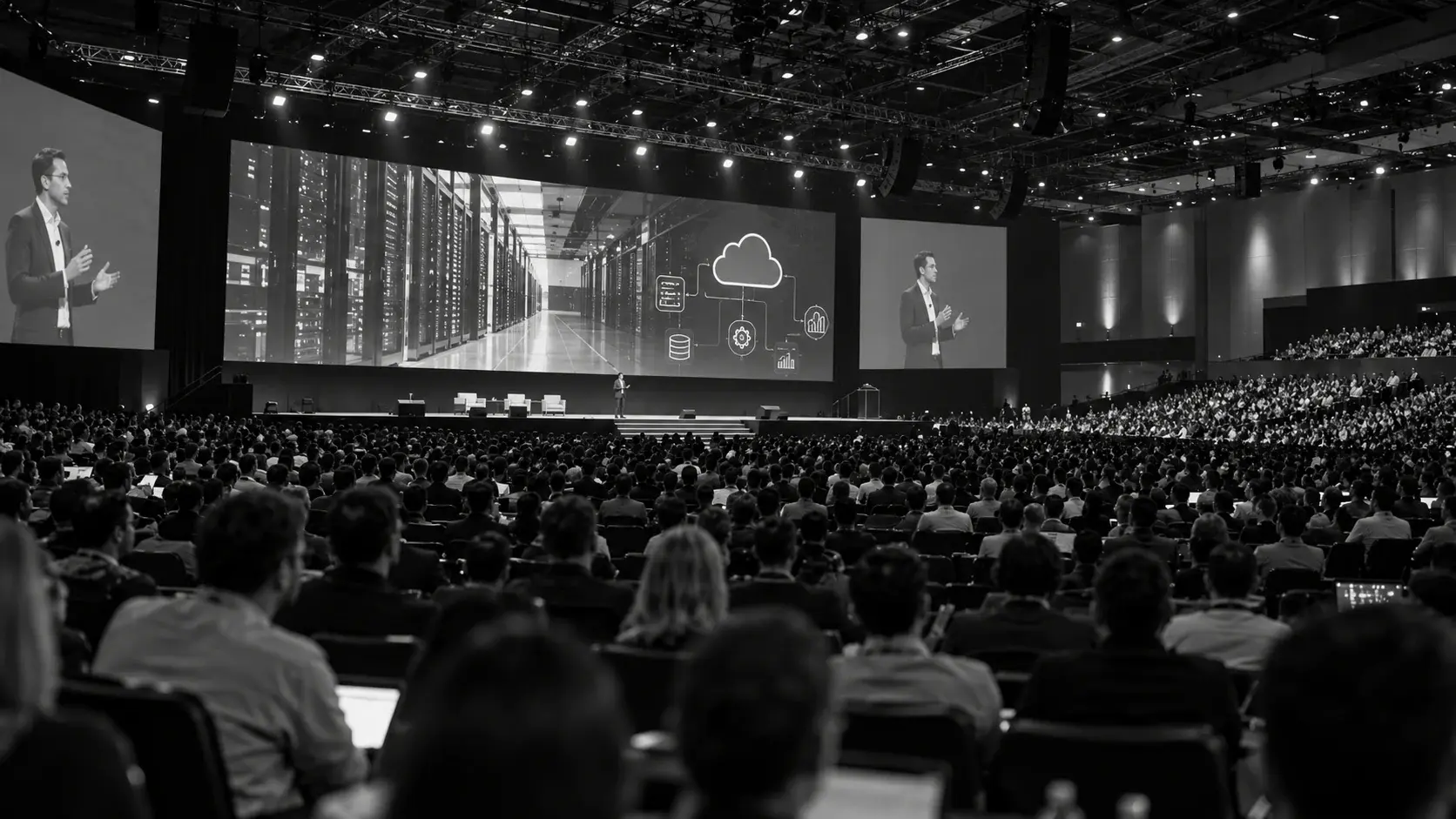 A large technology conference with thousands of attendees watching a keynote presentation on cloud migration and data center modernization.