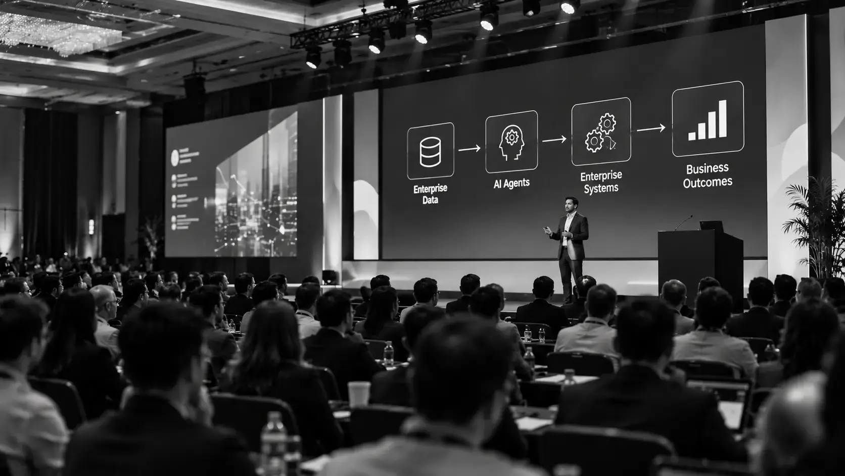 Enterprise AI agents connecting enterprise data to enterprise systems and business outcomes, presented to a leadership audience