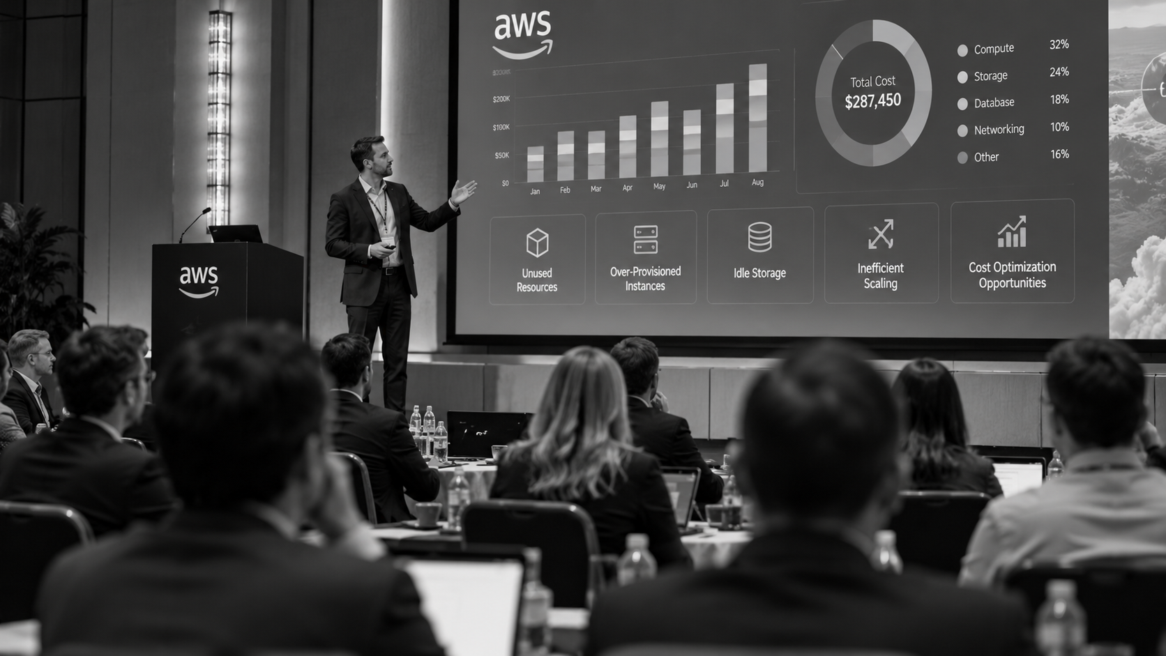 A presenter in a modern auditorium explains AWS cloud spending trends, unused resources and cost optimization opportunities on a large screen