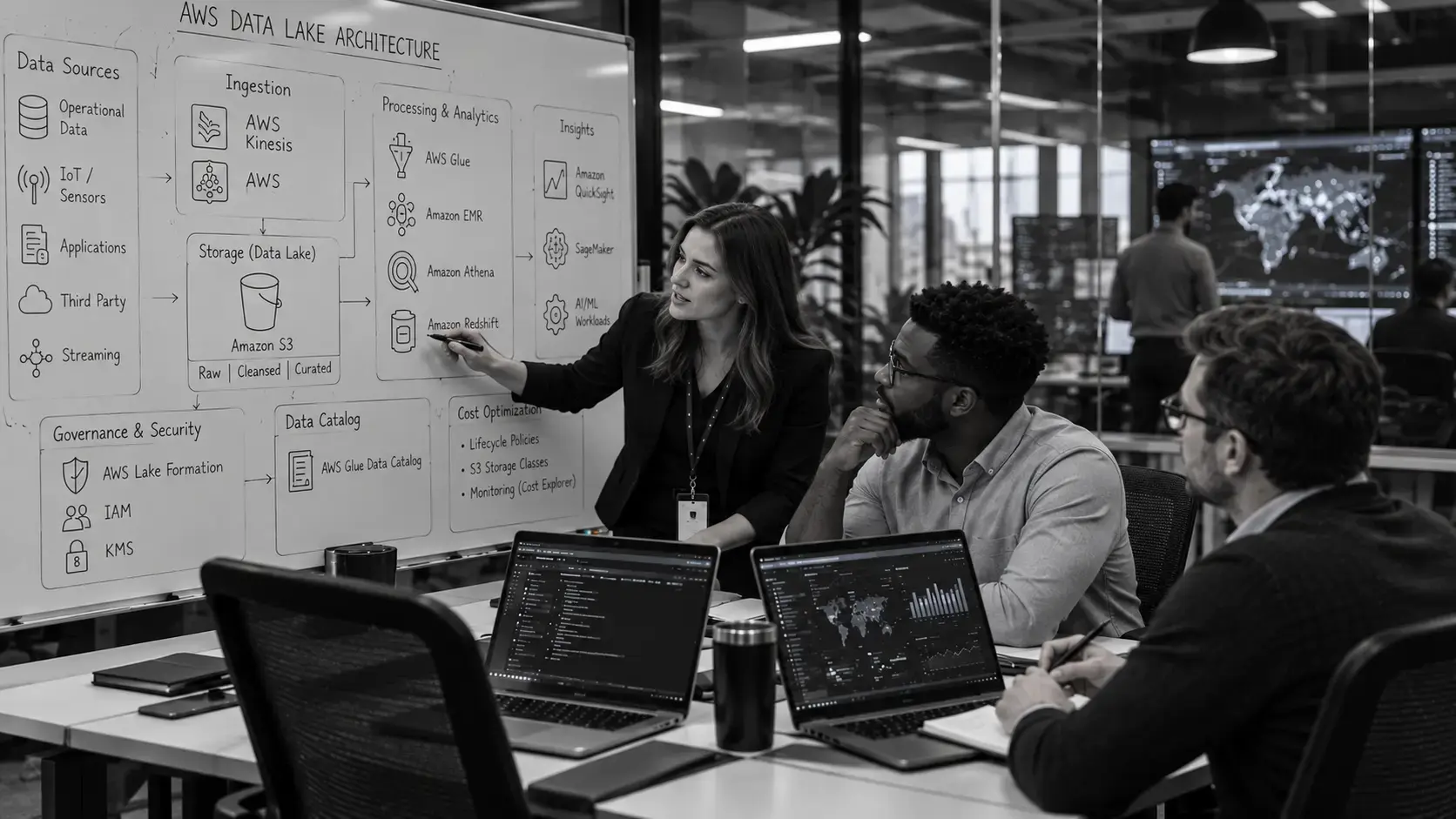 AWS data lake architecture diagram with engineers reviewing data ingestion, Amazon S3 storage, processing, analytics, governance, and cost optimization.