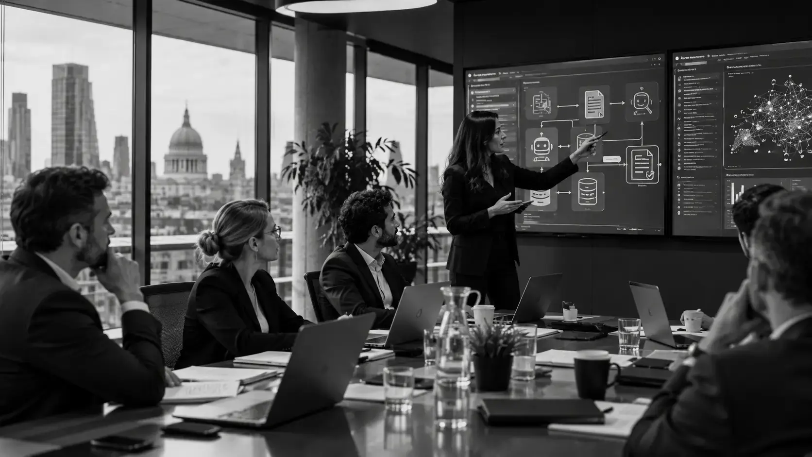 Executive team reviews an agentic RAG architecture diagram on a boardroom screen while weighing its production cost