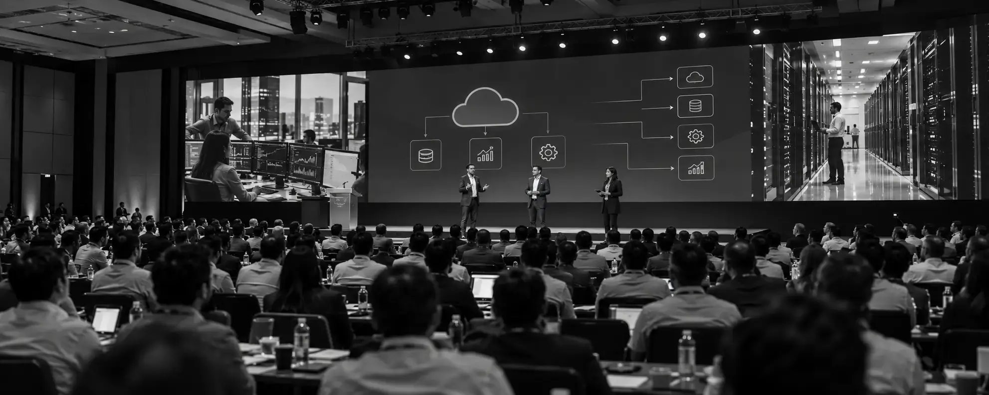 Black-and-white photograph of a large technology conference with hundreds of attendees watching three presenters on stage, with cloud architecture, data analytics, and server infrastructure displayed on large screens.