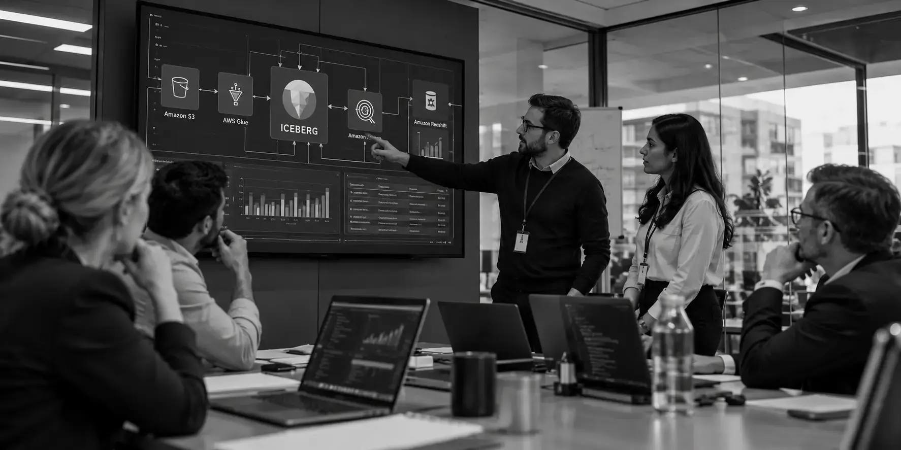 Data team reviewing an Apache Iceberg on AWS architecture built on Amazon S3 Tables, AWS Glue and Amazon Athena
