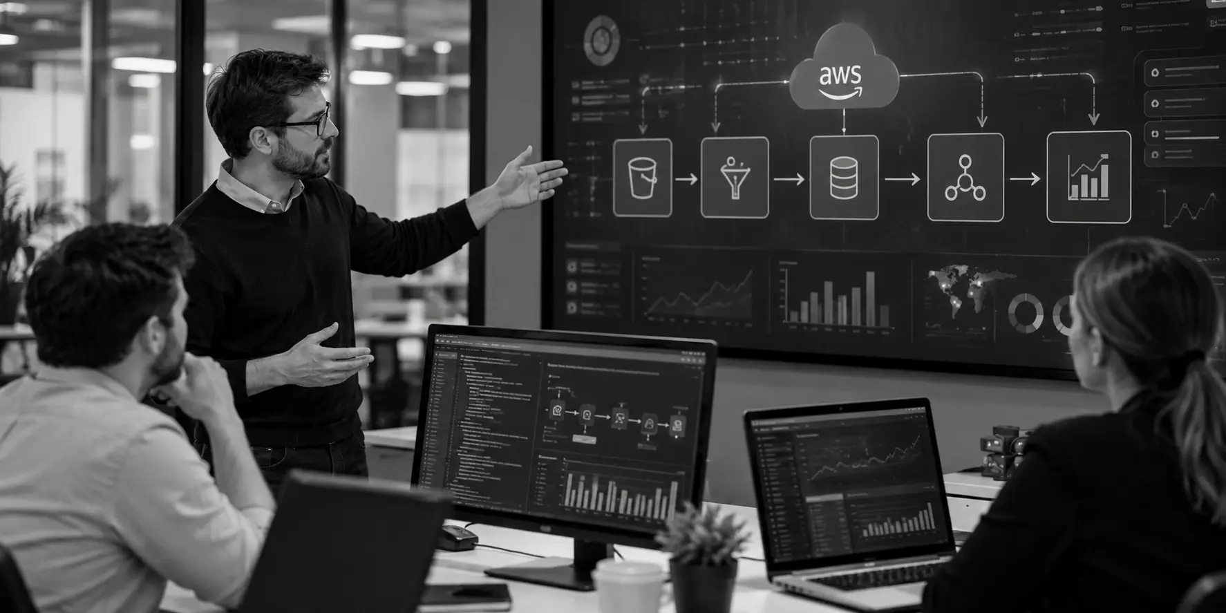 Black-and-white photo of a data engineering team reviewing an AWS data pipeline architecture on a wall screen