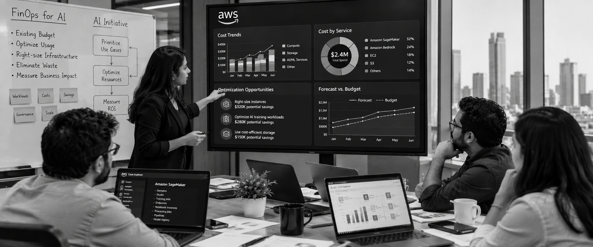 FinOps team reviewing AI and cloud costs, optimization opportunities, and budget forecasts on AWS dashboards during a strategy meeting.