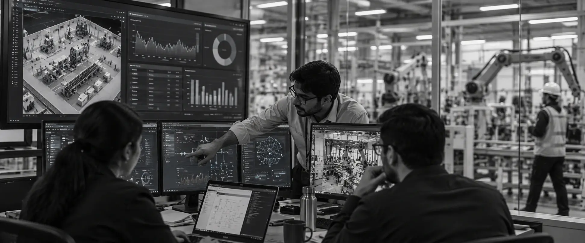 Manufacturing engineers using AI-powered analytics to monitor factory operations, production data, and robotic systems