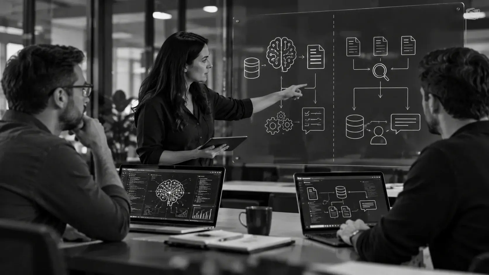 Black-and-white photo of an engineering team reviewing a fine-tuning vs RAG architecture on a glass board