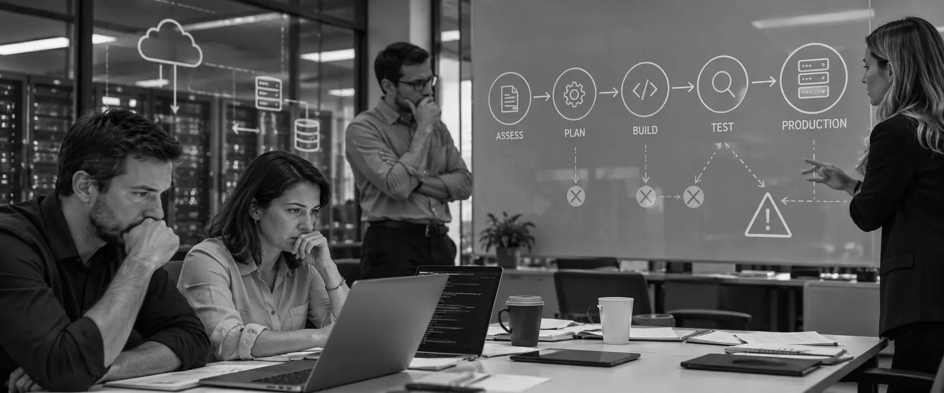 Black-and-white photo of a modernization team reviewing a stalled path from assessment to production
