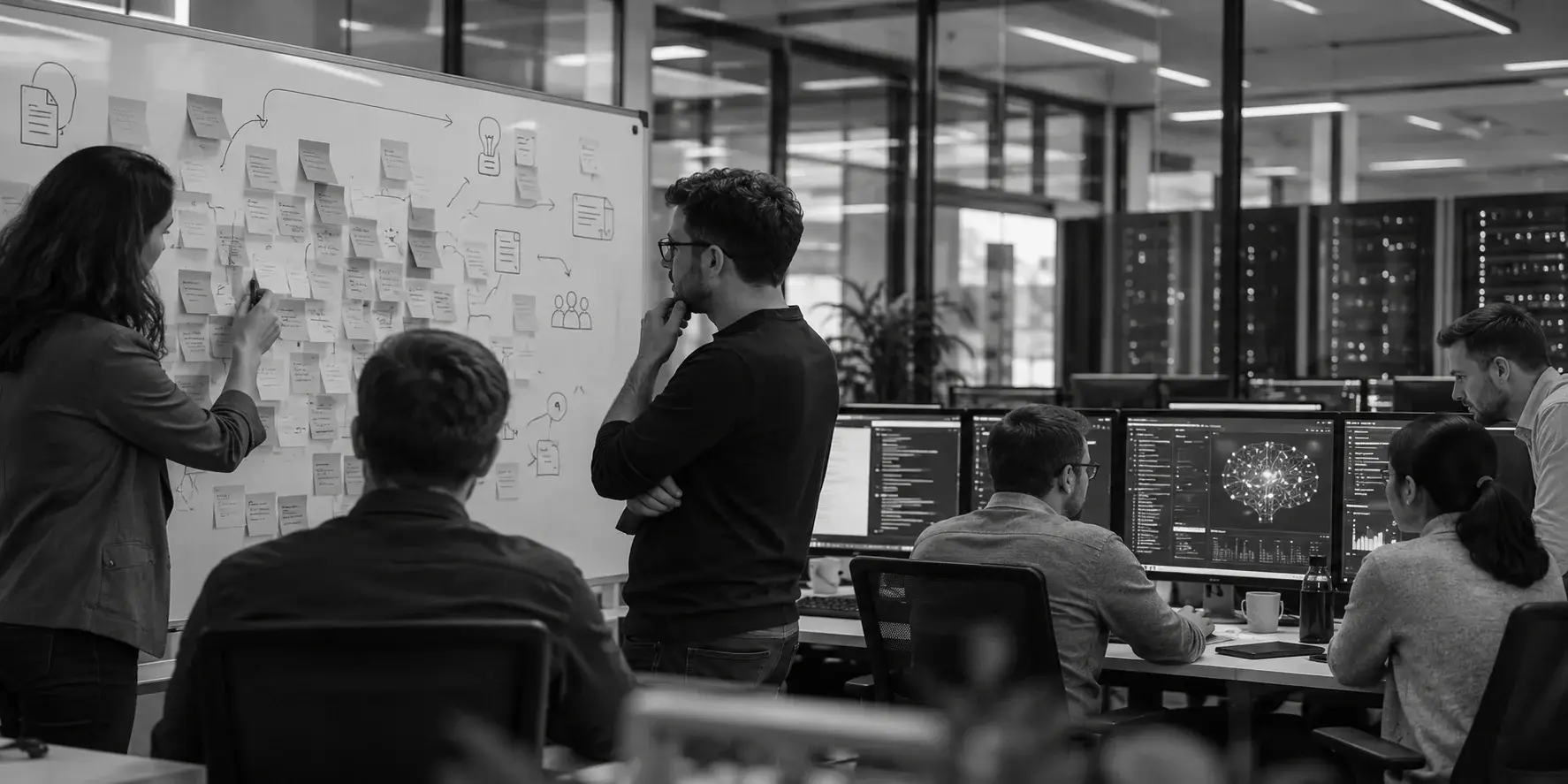 Black-and-white image of a team of AI engineers and data scientists collaborating in a modern office